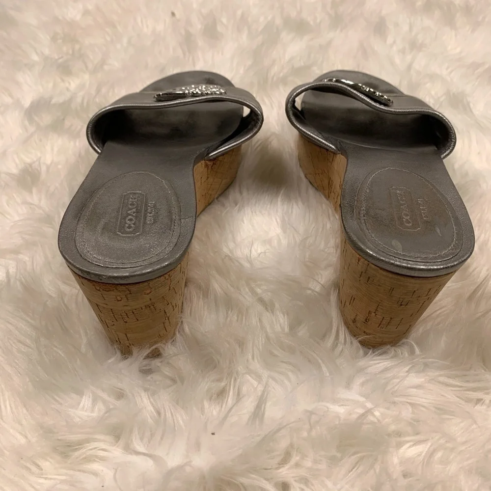 Coach Judith Silver Open Toe Wedge Sandals Size 10 Cork Heel